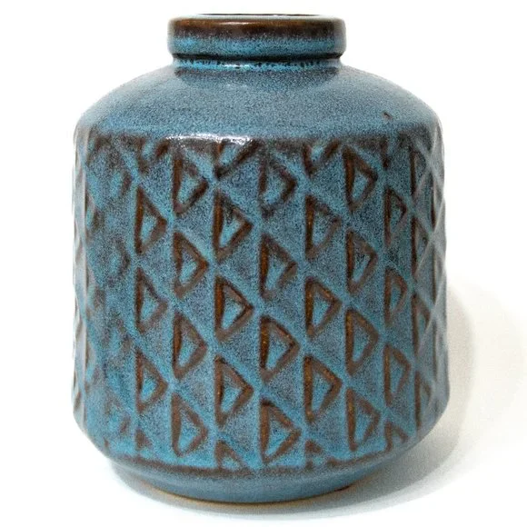 West Elm Pottery Ceramic Flower Vase Round Blue Beige Glazed 7" MCM Boho Decor - Picture 1 of 9